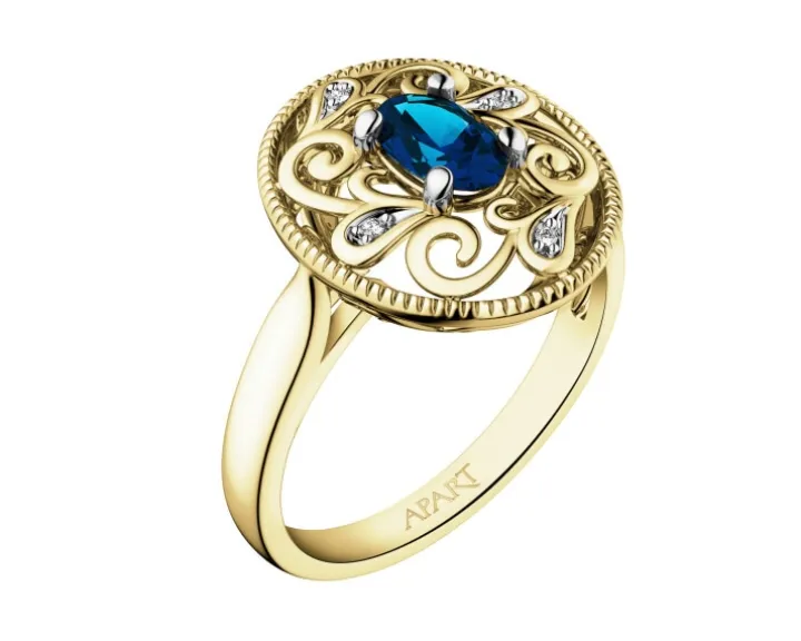 Pierścionek z żółtego złota z diamentami i szafirem - próba 585