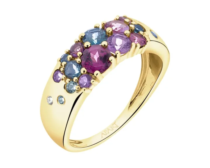 Pierścionek z żółtego złota z brylantem i kamieniami ozdobnymi - próba 585