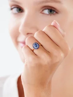 Pierścionek z żółtego złota z diamentami i szafirami syntetycznymi - próba 585