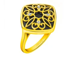 Pierścionek z żółtego złota z diamentami i onyksem - próba 585