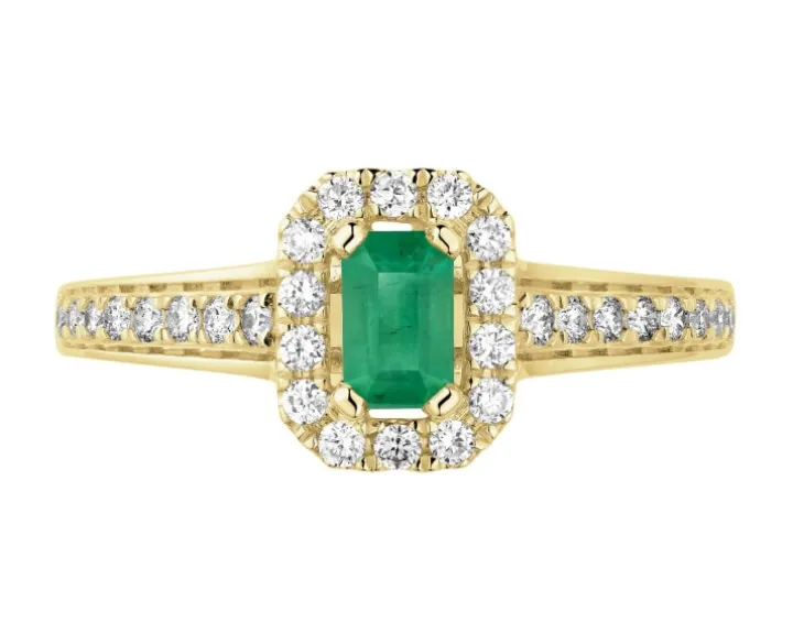 Pierścionek z żółtego złota z brylantami i szmaragdem - próba 585