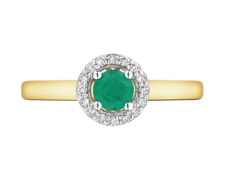 Pierścionek z żółtego złota z diamentami i szmaragdem - próba 375