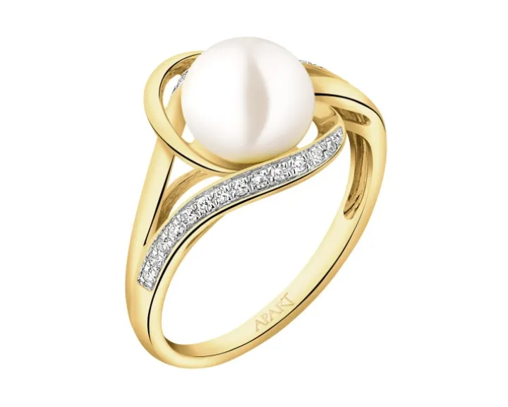Pierścionek z żółtego złota z diamentami i perłą - próba 585