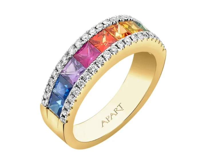 Pierścionek z żółtego złota z brylantami i szafirami kolorowymi - próba 585