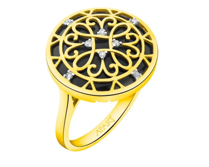 Pierścionek z żółtego złota z diamentami i onyksem - rozeta - próba 585