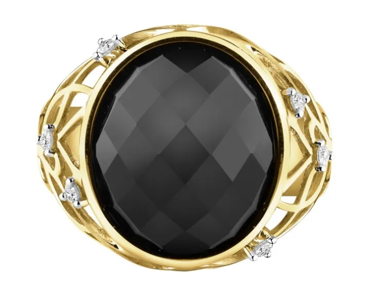 Pierścionek z żółtego złota z brylantami i onyksem - próba 585