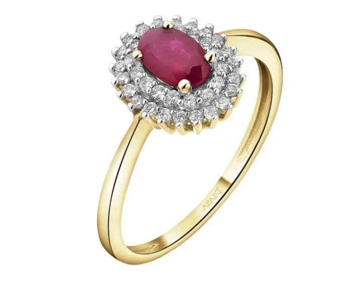 Pierścionek z żółtego złota z brylantami i rubinem - próba 585