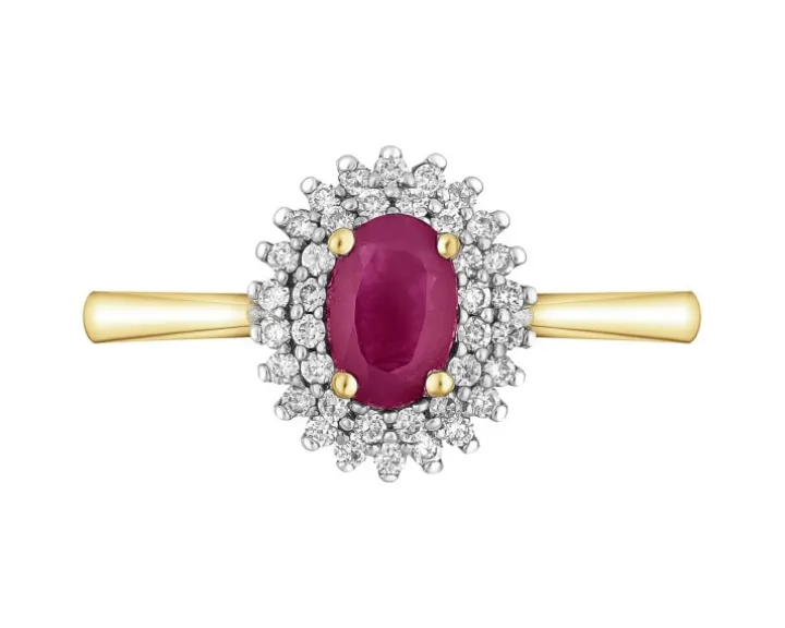 Pierścionek z żółtego złota z brylantami i rubinem - próba 585