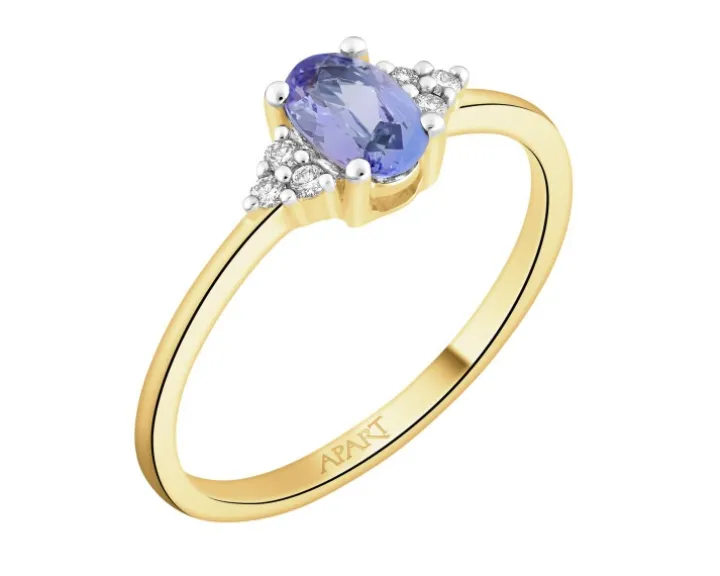 Pierścionek z żółtego złota z brylantami i tanzanitem - próba 585