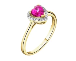 Pierścionek z żółtego złota z diamentami i rubinem syntetycznym - serce - próba 375