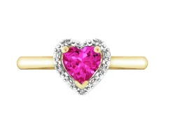 Pierścionek z żółtego złota z diamentami i rubinem syntetycznym - serce - próba 375