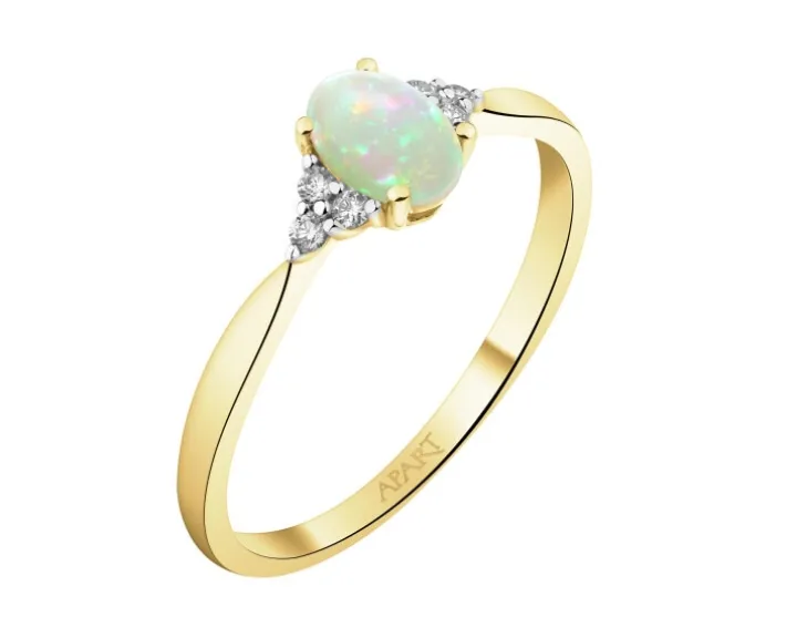Pierścionek z żółtego złota z brylantami i opalem - próba 585