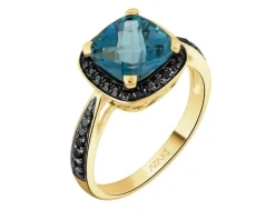 Pierścionek z żółtego złota z brylantami i topazem London Blue - próba 585