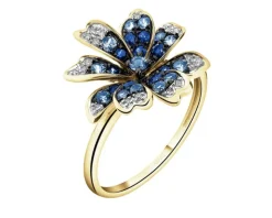 Pierścionek z żółtego złota z diamentami i szafirami - kwiat - próba 585