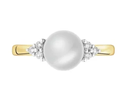 Pierścionek z żółtego złota z brylantami i perłą - próba 375