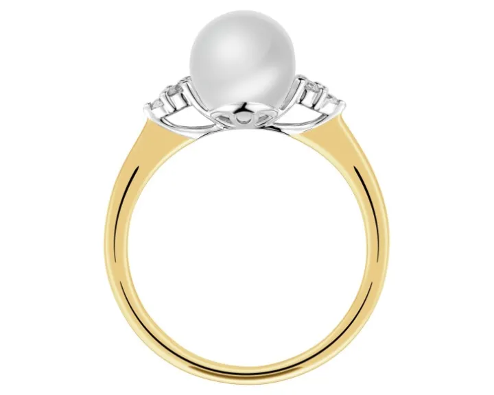 Pierścionek z żółtego złota z brylantami i perłą - próba 375