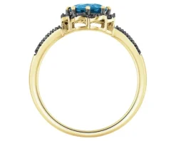 Pierścionek z żółtego złota z czarnymi brylantami i topazem London Blue - próba 585