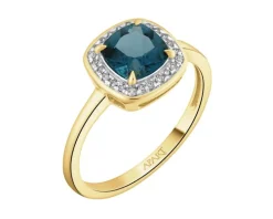 Pierścionek z żółtego złota z diamentami i topazem London Blue - próba 585