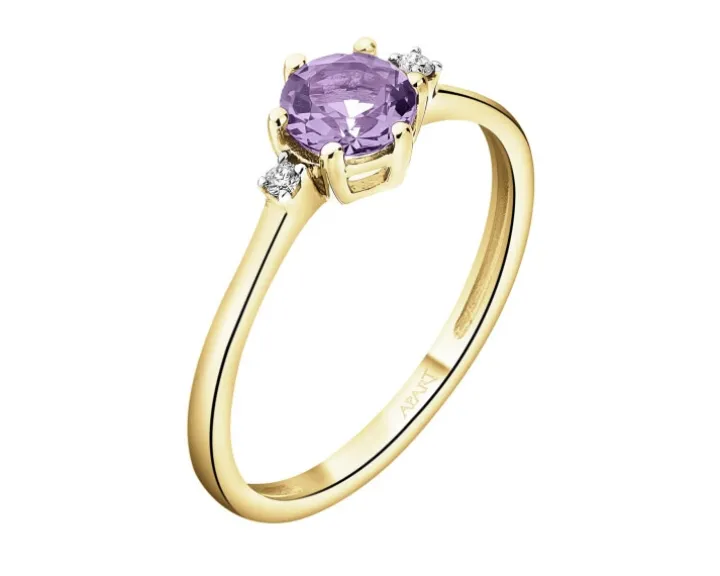 Pierścionek z żółtego złota z brylantami i ametystem - próba 375