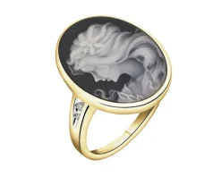 Pierścionek z żółtego złota z diamentami i agatem - kamea - próba 585