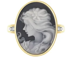 Pierścionek z żółtego złota z diamentami i agatem - kamea - próba 585