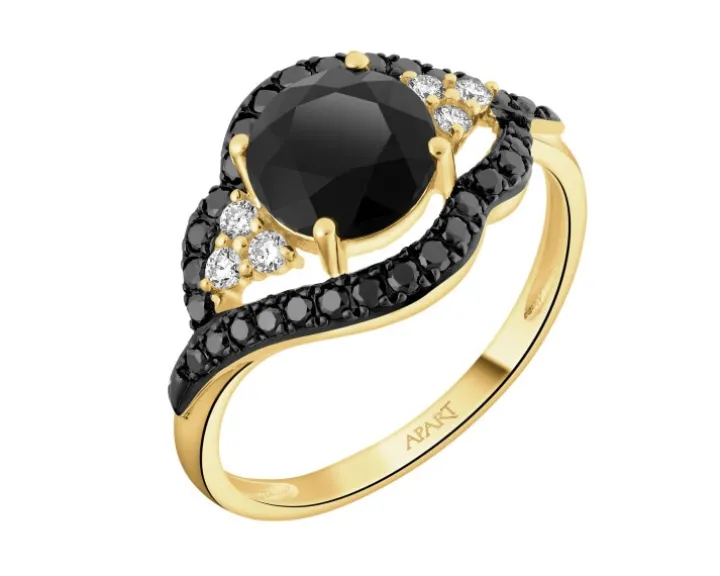 Pierścionek z żółtego złota z brylantami i onyksem - próba 585