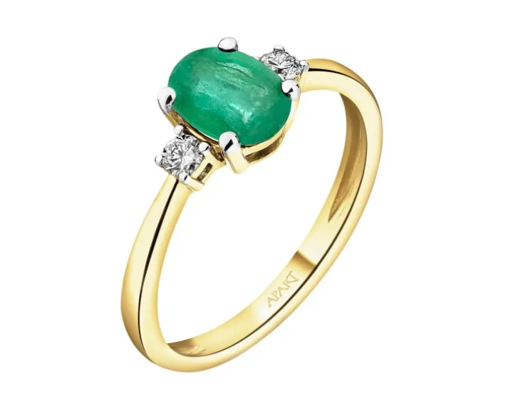 Pierścionek z żółtego złota z brylantami i szmaragdem - próba 750