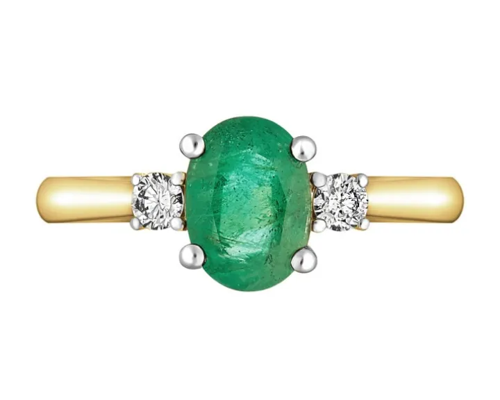 Pierścionek z żółtego złota z brylantami i szmaragdem - próba 750