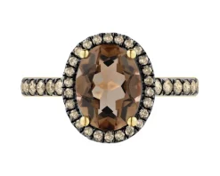 Pierścionek z żółtego złota z brylantami Champagne i kwarcem dymnym - próba 585