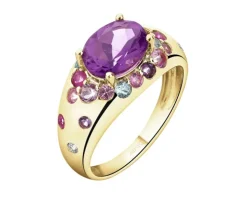 Pierścionek z żółtego złota z brylantami, kamieniami szlachetnymi i ozdobnymi - próba 585