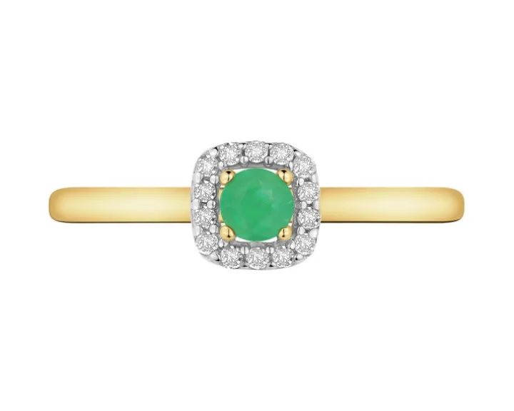 Pierścionek z żółtego złota z diamentami i szmaragdem - próba 585