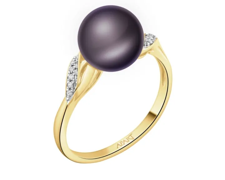 Pierścionek z żółtego złota z diamentami i perłą - próba 585
