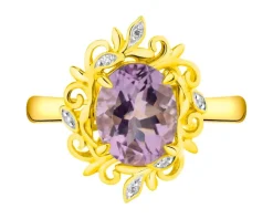 Pierścionek z żółtego złota z diamentami i ametystem - próba 585
