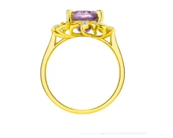 Pierścionek z żółtego złota z diamentami i ametystem - próba 585