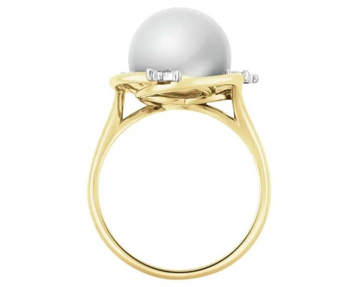 Pierścionek z żółtego złota z brylantami i perłą - próba 375