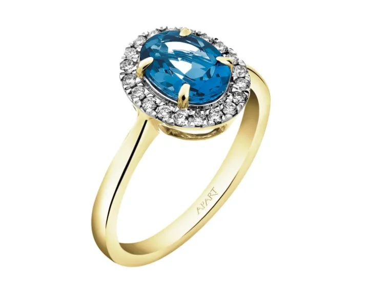 Pierścionek z żółtego złota z diamentami i topazem London Blue - próba 585