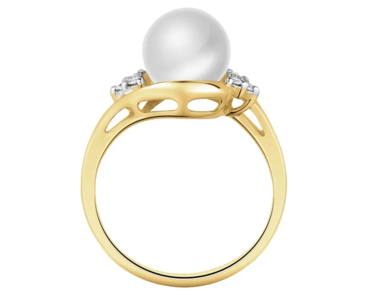 Pierścionek z żółtego złota z brylantami i perłą - próba 585