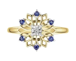 Pierścionek z żółtego złota z brylantem i szafirami syntetycznymi - próba 375