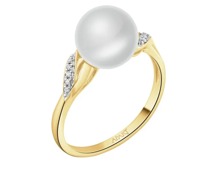 Pierścionek z żółtego złota z diamentami i perłą - próba 585