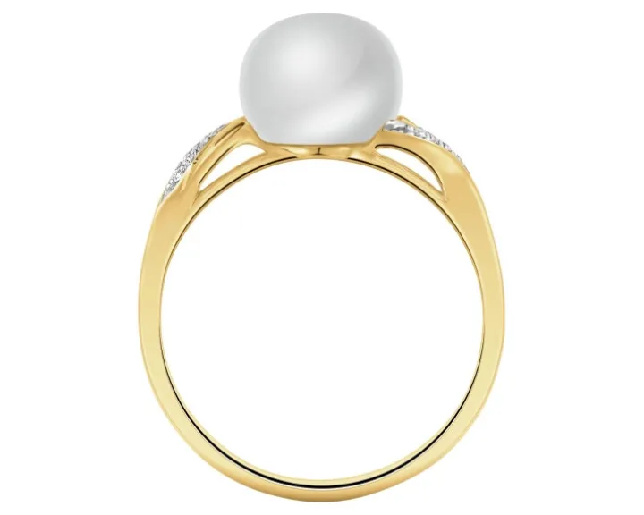 Pierścionek z żółtego złota z diamentami i perłą - próba 585