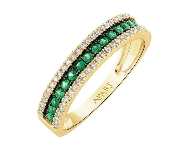 Pierścionek z żółtego złota z diamentami i szmaragdami - próba 585