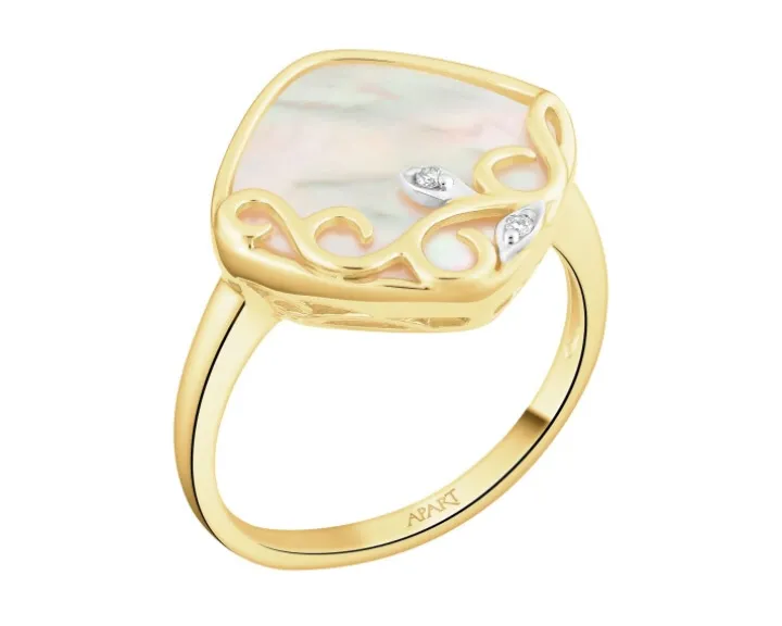 Pierścionek z żółtego złota z diamentami i masą perłową - próba 585