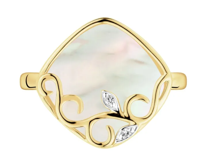 Pierścionek z żółtego złota z diamentami i masą perłową - próba 585