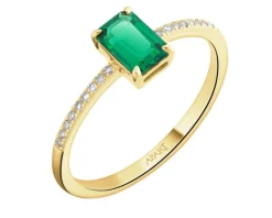 Pierścionek z żółtego złota z diamentami i szmaragdem syntetycznym - próba 585