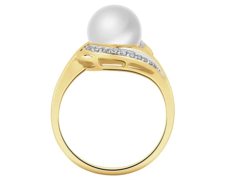 Pierścionek z żółtego złota z diamentami i perłą - próba 375