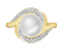 Pierścionek z żółtego złota z diamentami i perłą - próba 375