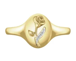 Pierścionek z żółtego złota z diamentami - sygnet  - róża - 0,006 ct - próba 585