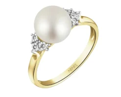 Pierścionek z żółtego złota z diamentami i perłą - próba 585