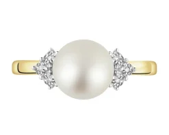 Pierścionek z żółtego złota z diamentami i perłą - próba 585