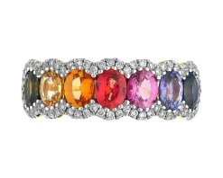 Pierścionek z żółtego złota  z brylantami  i szafirami kolorowymi - próba 585